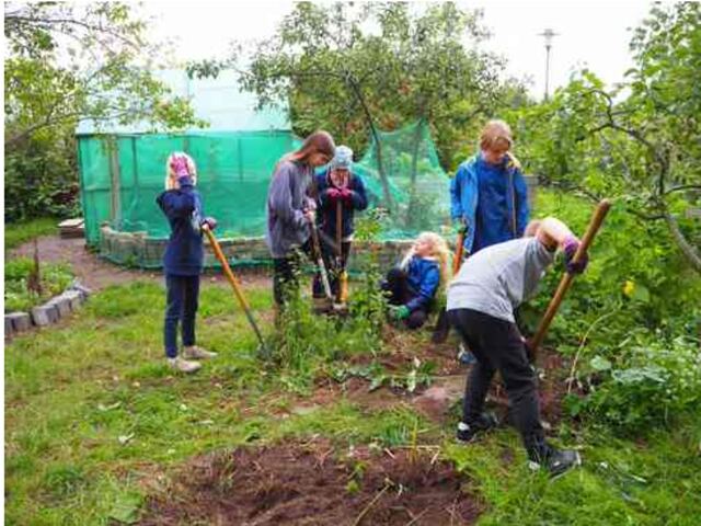 Kinder graben im Schulgarten